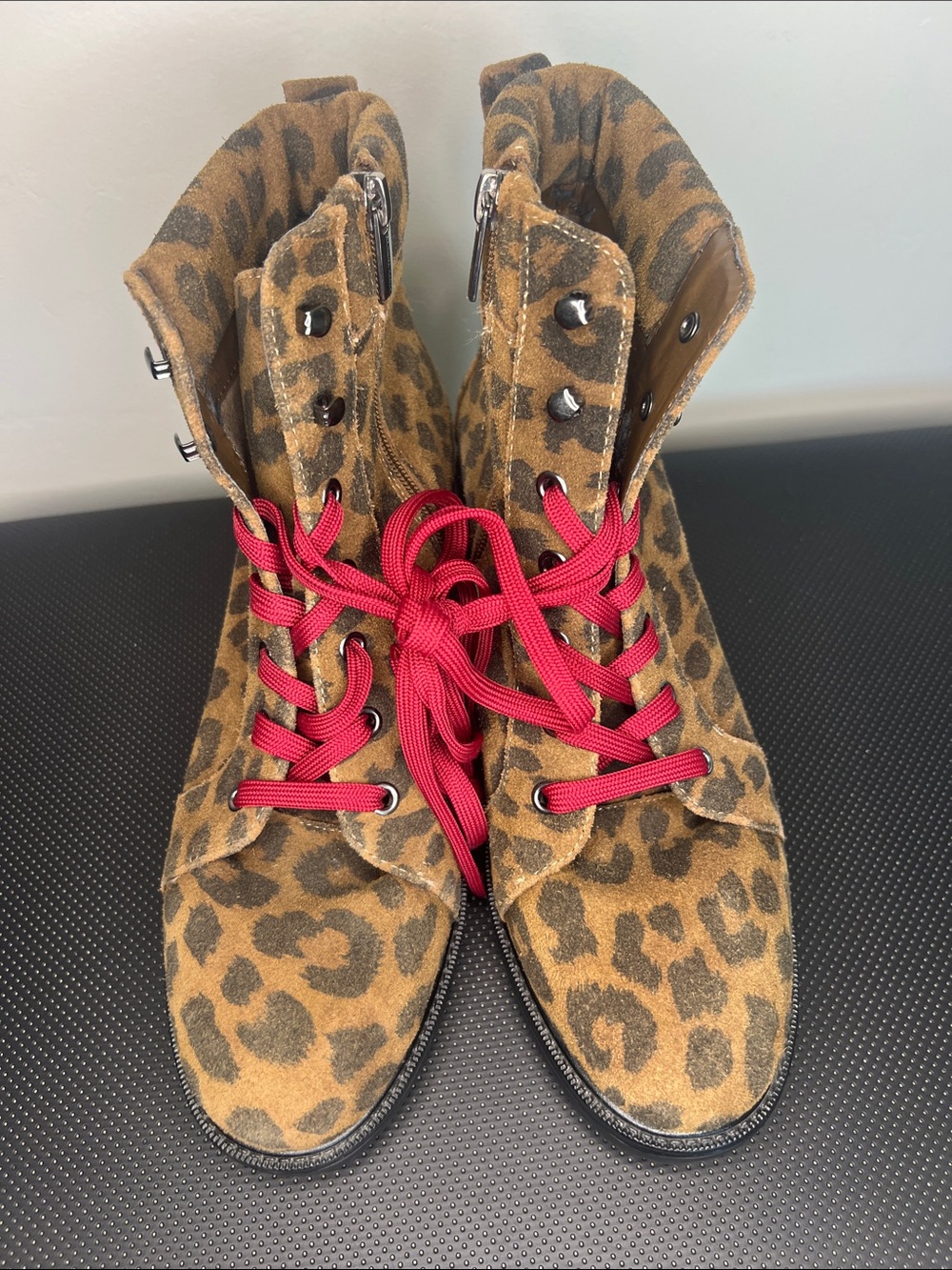 Vince Camuto Leopard-Print Lace-Up Boots with Red Laces
